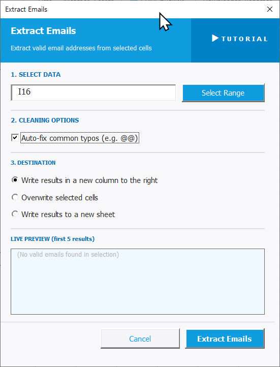 Extract Emails Settings