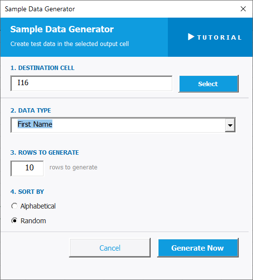 Sample Data Generator Settings
