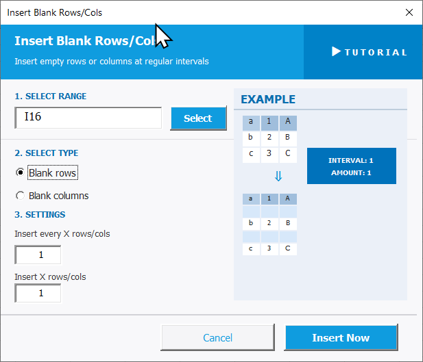 Insert Blank Rows Settings