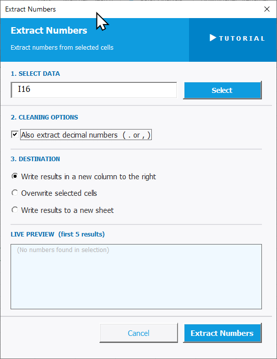Extract Numbers Settings